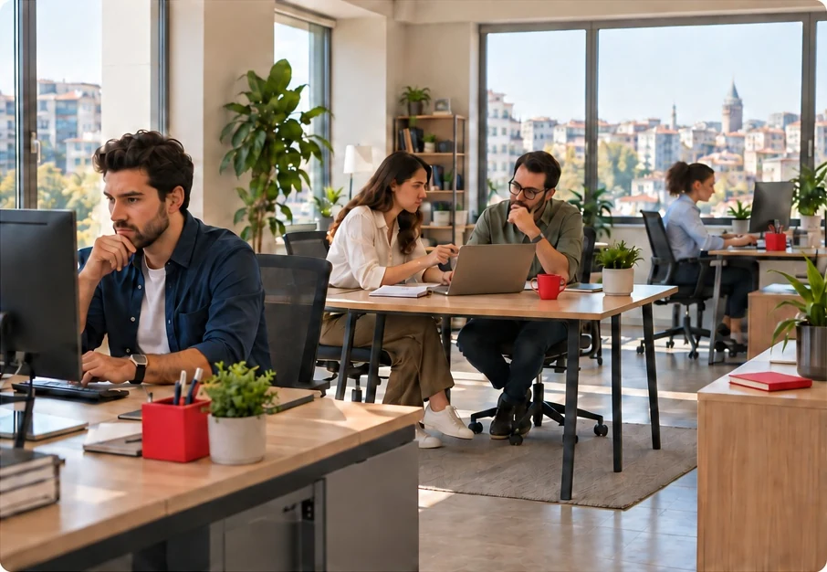 Her masasında kırmızı obje bulunan ofiste farklı işleri yürüten ekip